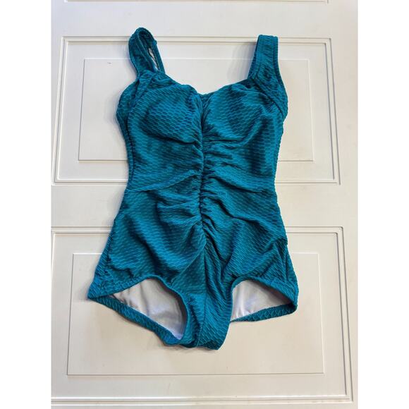 Maxine of Hollywood Textured Front Ruched One Piece Swimsuit Blue Size 6 - Picture 1 of 4